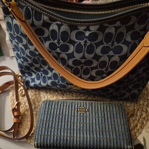 Coach Blue Signature Tote with Tan Leather Trim and Matching Wallet